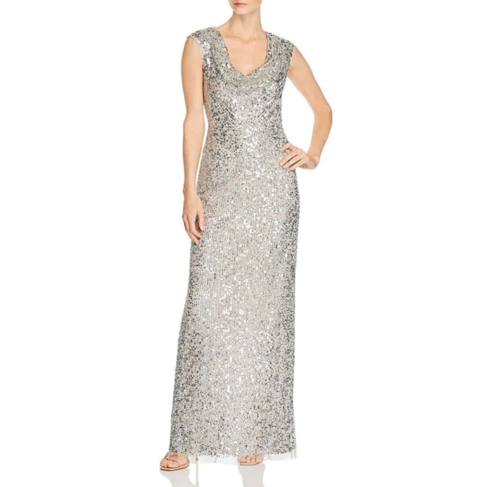NWT ADRIANNA PAPELL Silver Sequin Beaded Cowl Neck Formal Dress 0